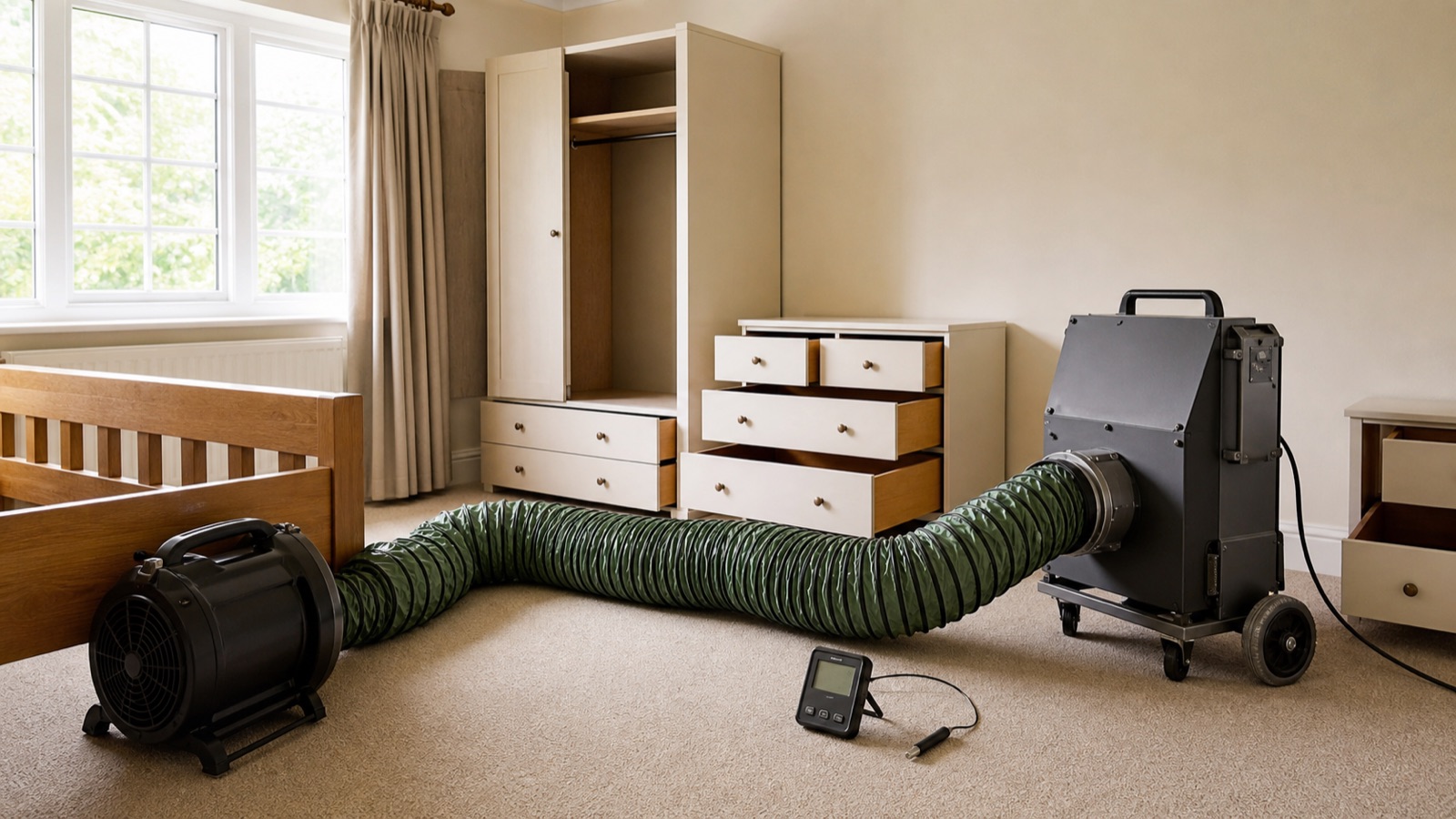 Professional heater, air mover and temperature probe arranged in a bedroom for controlled heat treatment