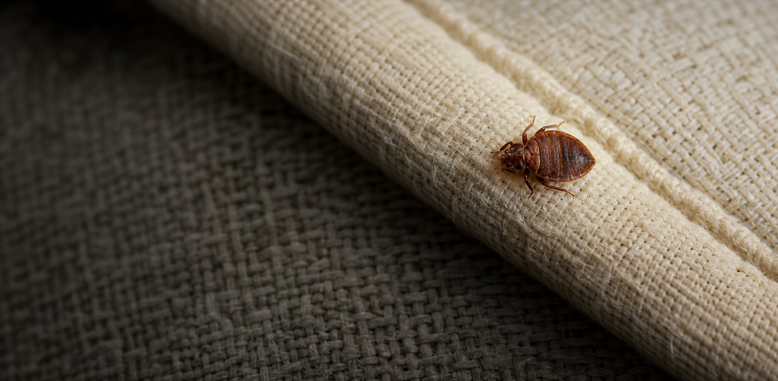 Adult bed bug at macro scale on pale woven fabric