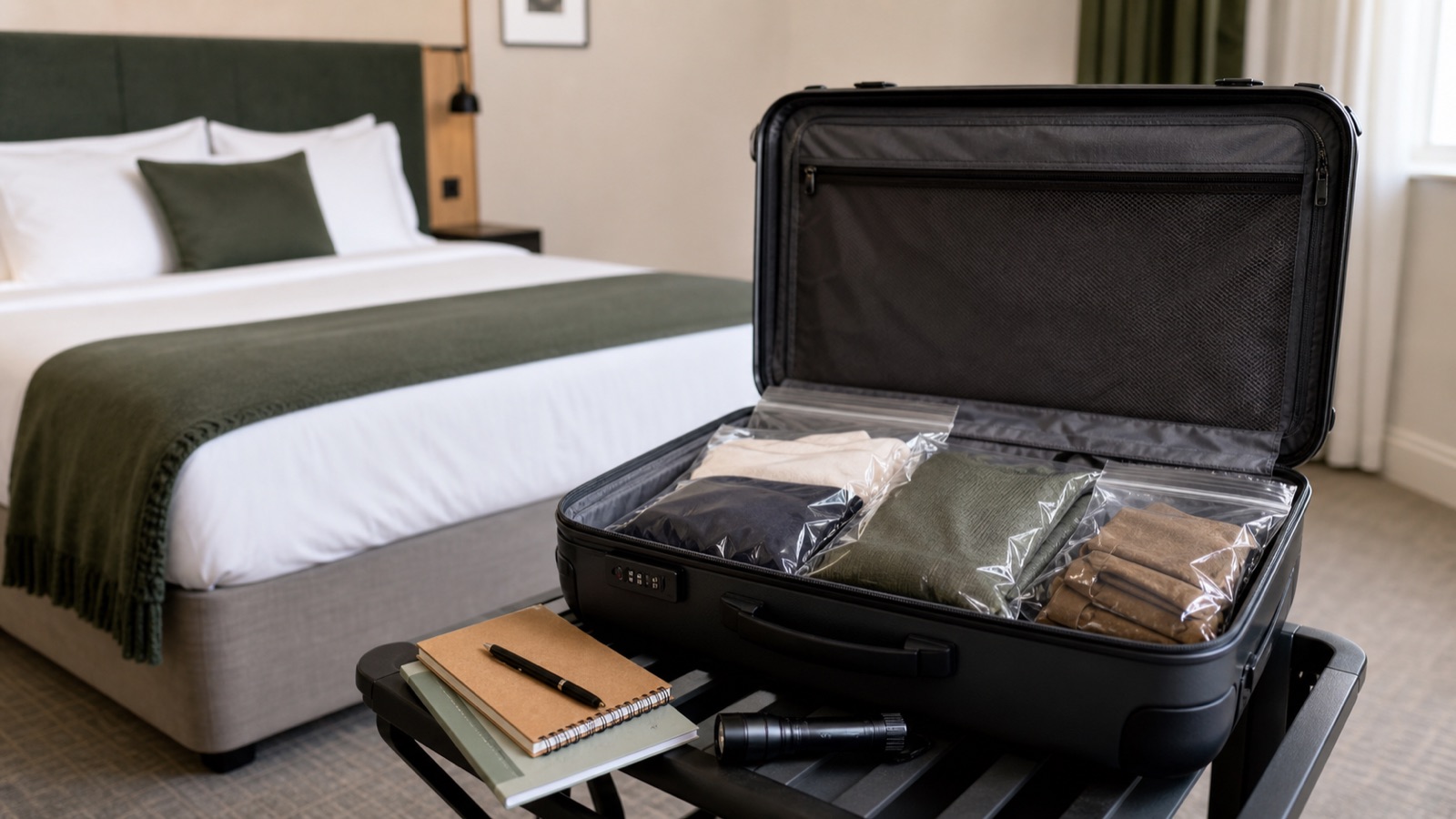 Luggage isolated on a hard floor ready for a careful inspection after travel